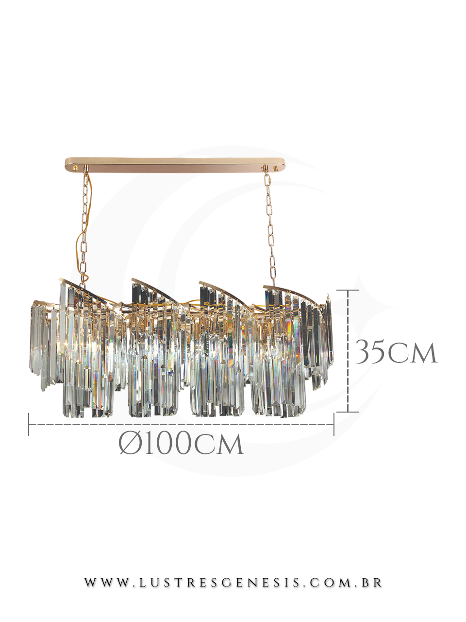 Lustre Moderno de Cristal Dourado 100x35cm Redondo, Sala de Jantar, Mesa Sala de Jantar, Sala de Estar, Quarto Casal, Suite Master